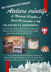 Atelier blasons et armoiries. Du 27 octobre au 4 novembre 2021 à Tanlay. Yonne.  14H00